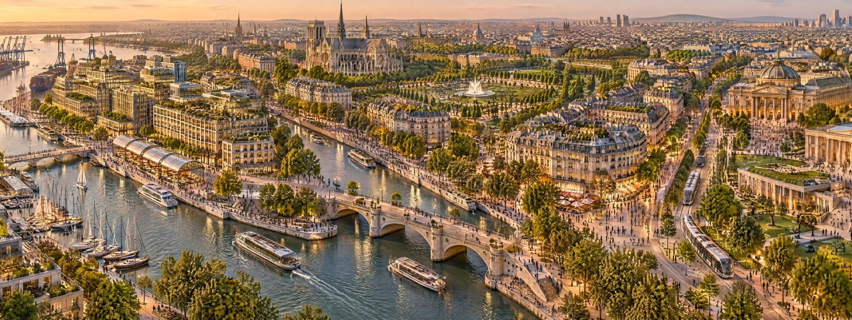 Une ville française vue du ciel au soleil couchant : un port, une cathédrale, des places et des quais animés.